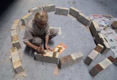 Gold leaf application onto concrete bricks for the Golden Globe - Aziza Chaouni Projects