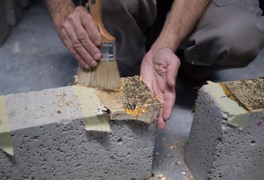 Gold leaf application onto concrete bricks for the Golden Globe - Aziza Chaouni Projects
